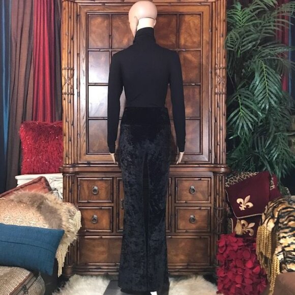 NWOT Wavvy Black Crushed Velvet Front Slit High Waist Stretch Flare Leg Pant - Picture 5 of 10